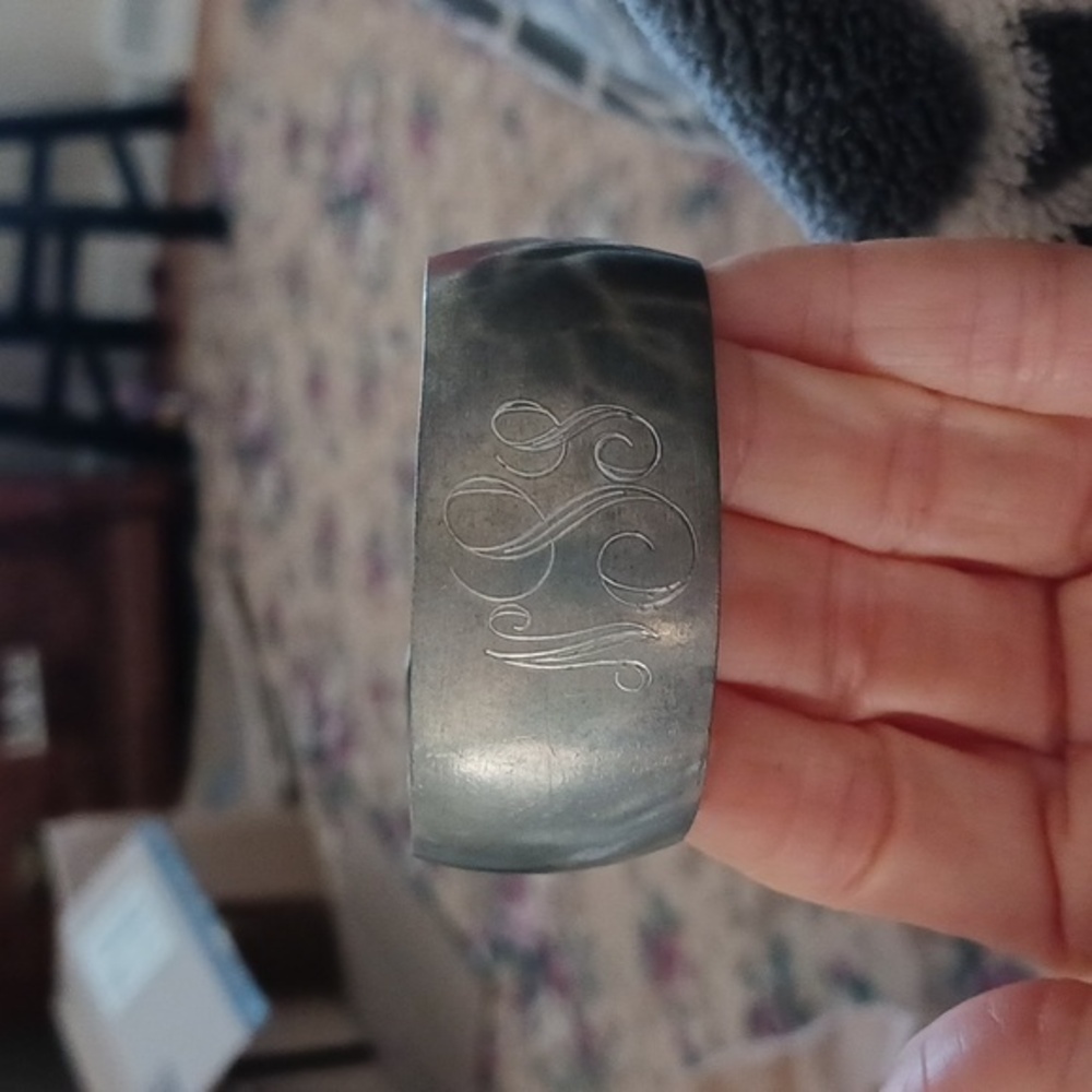 Leonard vintage pewter wide cuff bracelet monogrammed NSS silver adjustable